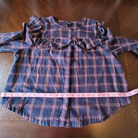 Madewell | Maroon/Navy Plaid Ruffle-Yoke Button Down W/ Easy Roll Sleeves - Picture 9 of 11
